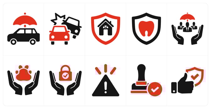 A set of 10 insurance icons as car insurance, accident, home insurance in red filled color vector