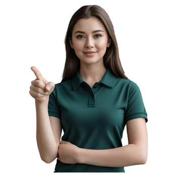 Young Woman in Green Shirt Pointing Finger Perfect for Marketing Banners png