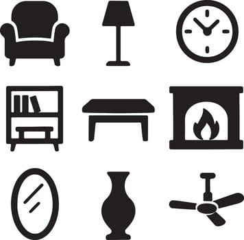 Black and White 3x3 Grid of Home-Related Silhouette Icons vector