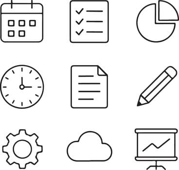 Office and Productivity Tools Icons, 3x3 Minimal Line Art Grid vector