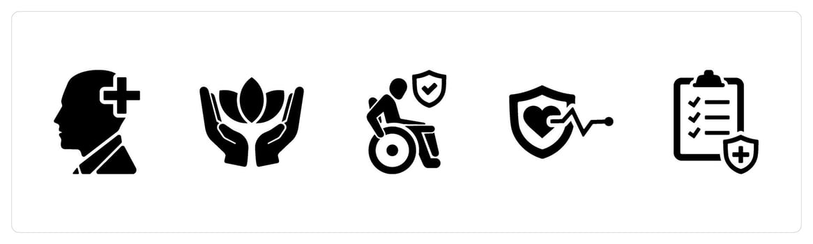A set of 5 Employee Benefits icons as mental health, wellness, disability insurance in black filled color vector