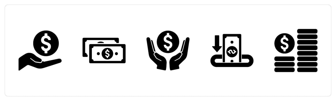 A set of 5 Finance icons as finance, cash, earning in black filled color vector