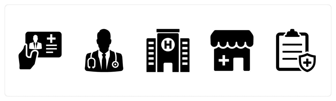 A set of 5 Health Checkup icons as health card, doctor, hospital in black filled color vector