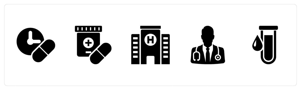 A set of 5 Health Checkup icons as dose, treatment, hospital in black filled color vector