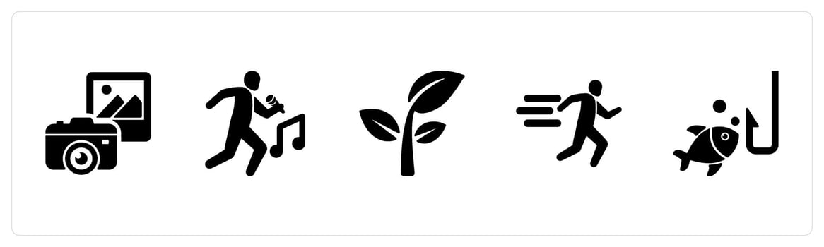 A set of 5 Hobby icons as photography, singing, gardening in black filled color vector