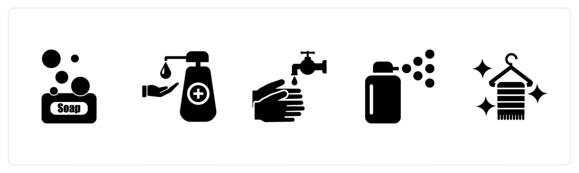 A set of 5 Hygiene icons as soap, hand wash, wash hand in black filled color vector