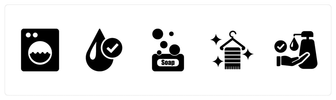 A set of 5 Hygiene icons as washing machine, clean water, soap in black filled color vector