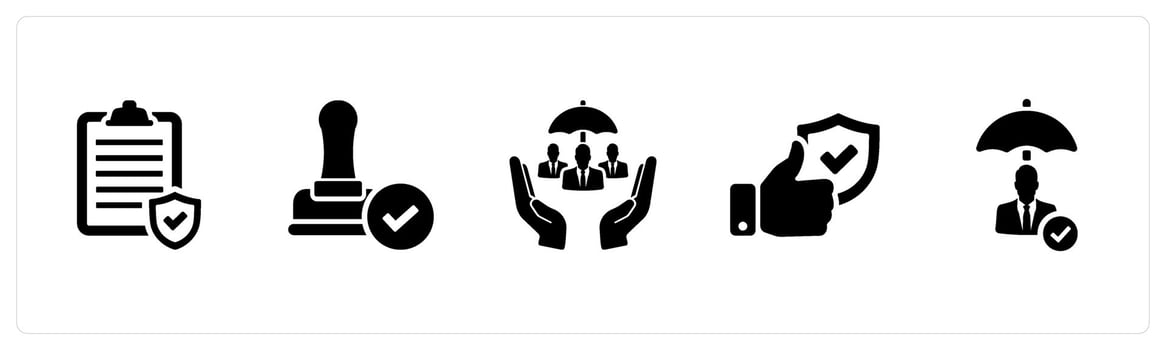 A set of 5 Insurance icons as policy, stamp, social security in black filled color vector