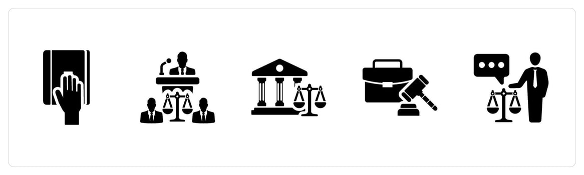 A set of 5 Justice icons as taking oath, judgement, court in black filled color vector