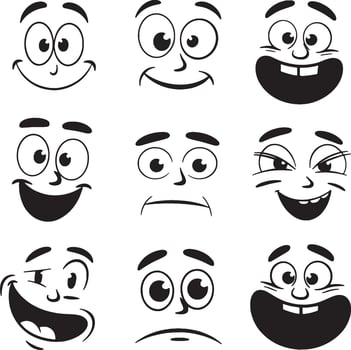 Nine cartoon faces showing various emotions expressions vector
