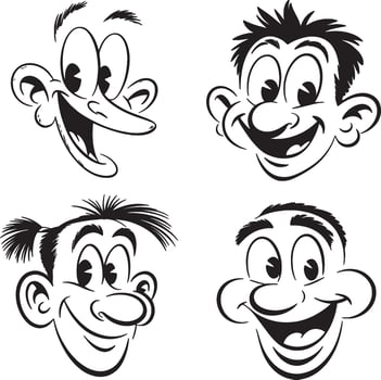 Four cartoon faces happy expressions black white vector