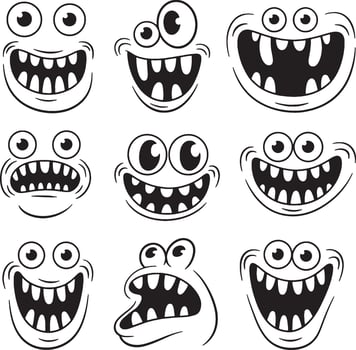 Nine hilarious cartoon monster faces big eyes grinning vector