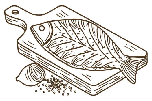 Herb seasoned fish sketch on cutting board with onion and peppercorns, culinary essentials vector