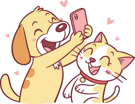 Cute Dog and Cat Taking Selfie Together Illustration vector