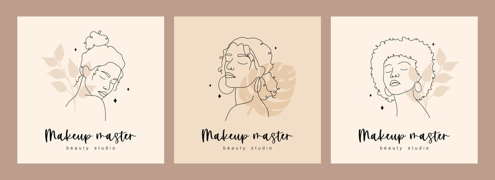 Set of logos design for beauty studio or makeup artist. Abstract woman faces with closed eyes. Hand drawn outline female silhouettes. illustration in one line drawing style vector