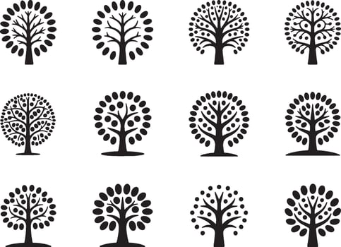 Twelve black silhouette tree icons set design vector