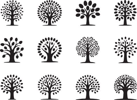 Twelve black silhouette tree icons set vector