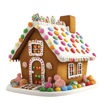 A gingerbread candy house on transparent background png