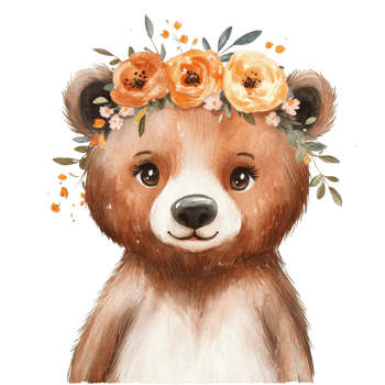 Bear with floral crown on transparent background png