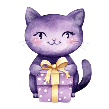 Lilac cat with present on transparent background png