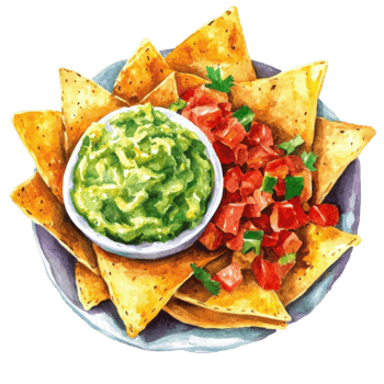 Nachos with guacamole dip on transparent background png