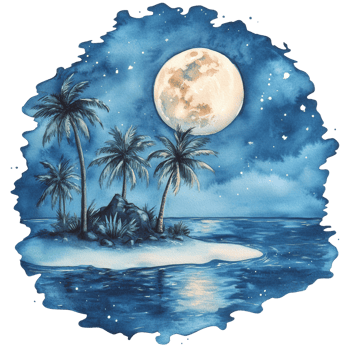 Island night with palms on transparent background png