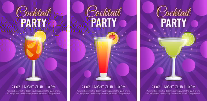 Cocktail Party Invitation Set. Flyer or Poster Design Template with Cocktail Glass and Text. vector