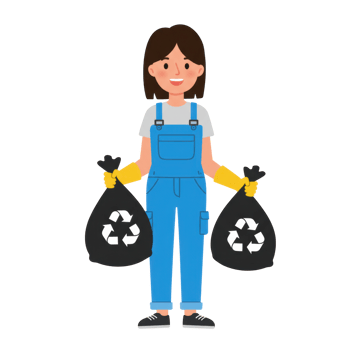 Illustration of a cheerful sanitation worker carrying garbage bags with recycle symbol png