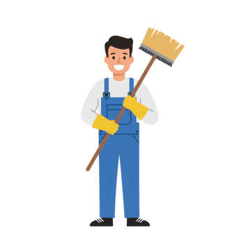 Cartoon depiction of sanitation worker cheerfully holding an upright broom png