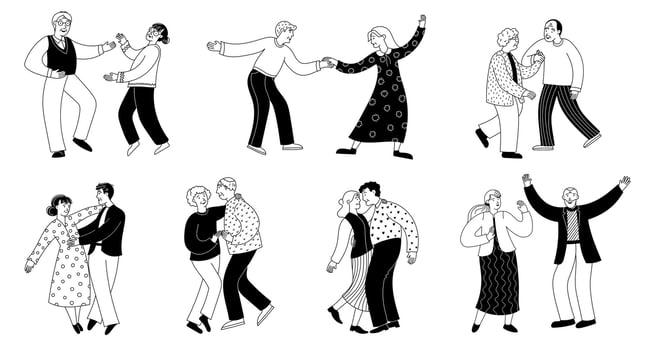 Old couple dancing. Senior people dance together, happy elderly persons enjoy romantic activity, senior man and woman dancers. sketch elder age romantic characters vector