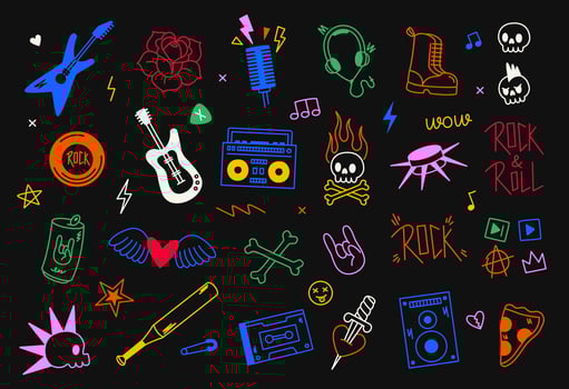 Punk rock icon. Doodle underground music sticker, rock guitar heart microphone skull guitar stickers, musical band logo and emblem design. rock n roll set vector