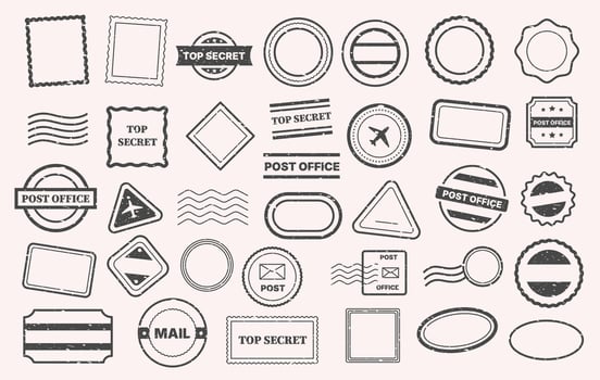 Postal stamp. Vintage travel postmark seal collection with different shapes and sizes, old paper mail delivery marks for postcard or letter. stamps isolated set vector