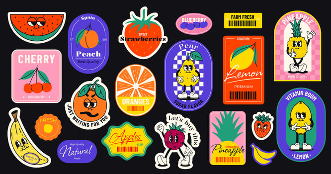 Retro cartoon fruit sticker. Comic patch with pineapple, berry, cherry, apple, strawberry, lemon and banana, cute fruits retro stickers. food badge collection vector