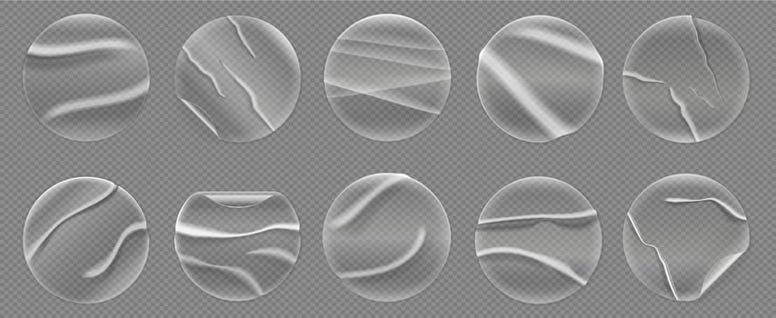 Transparent circle sticker. Round paper label mockup with adhesive glue effect, realistic circular tags for sale price. isolated patch set vector