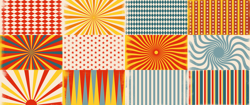 Circus retro background. Vintage fair carnival posters with radial sunshine ray burst and geometric shapes, retro circus spiral backdrop. carnival wallpaper set vector