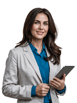 Confident Woman in Office Outfit with Tablet on Transparent Background png