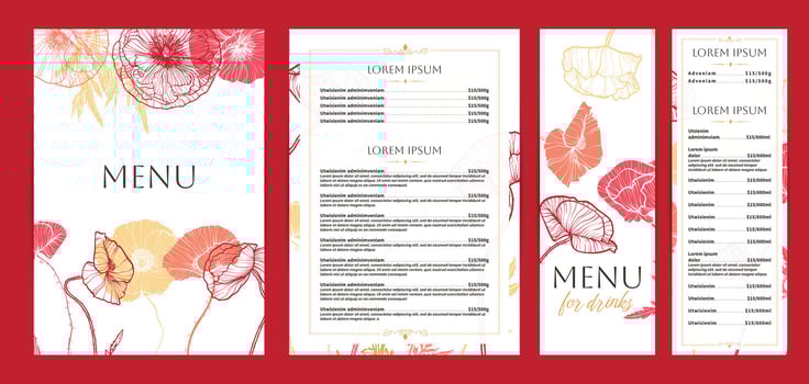 Colorful food and drinks menu designs. Restaurant menu template. Beautiful A4 format with high quality flowers for print and online usage. Saturated hand drawn line art poppy illustrations. vector