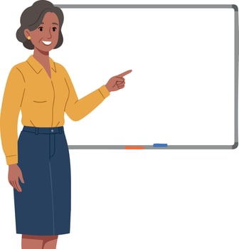 Woman pointing at whiteboard in casual business outfit illustration vector
