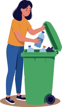 Woman recycling plastic bottles into green trash bin for environmental care and waste management illustration vector