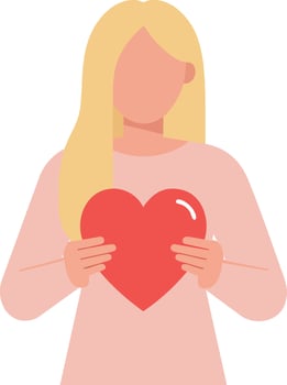 Woman holding red heart symbol of love and care in simple flat design illustration vector