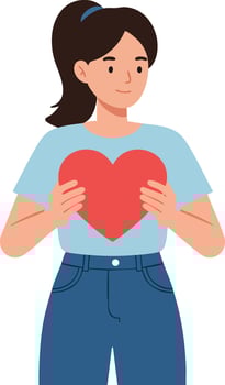 Young woman holding red heart symbol of love and care illustration vector