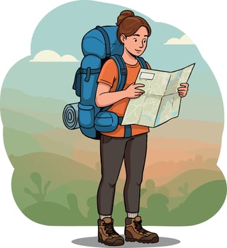 Female hiker with backpack reading map in natural landscape outdoors adventure scene vector