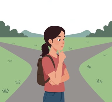 Woman standing at crossroads thinking about direction in nature landscape illustration vector
