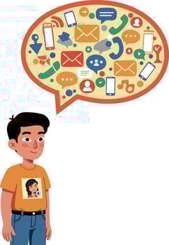 Young boy with social media and communication icons in speech bubble illustration vector