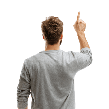 Back view of man seen from behind raising hand pointing upward with index finger isolated on transparent background png