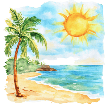 Beach with palm and sun on transparent background png