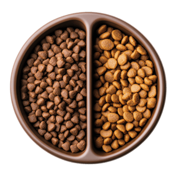 Dog food in split bowl on transparent background png