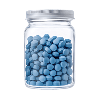 Blue pills in glass jar on transparent background png