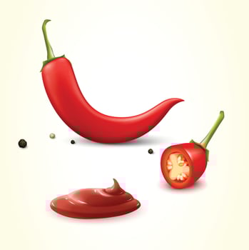 Realistic Illustration of Red Chili Peppers and Hot Sauce vector