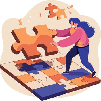 Person assembling large orange and blue jigsaw puzzle pieces in creative teamwork scene vector